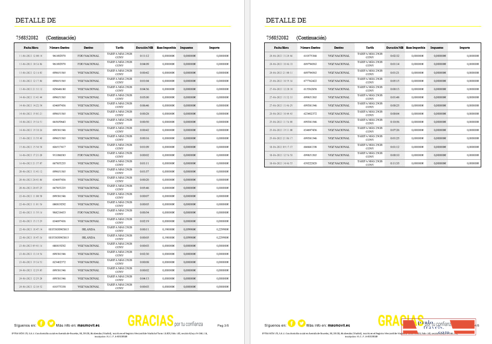 Spain Masmovil internet utility  bill Word and PDF formats, 6 pages.
